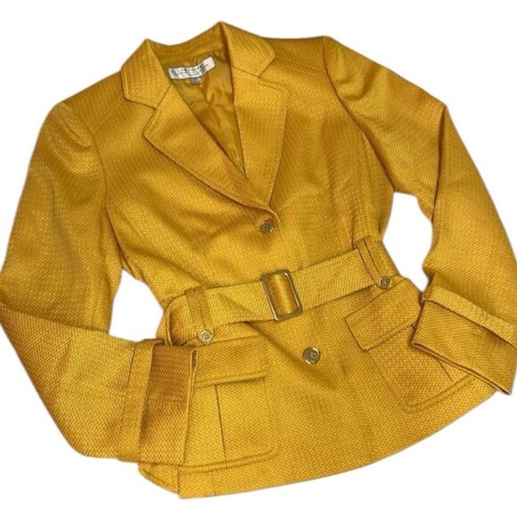 Tahari Belted Safari Blazer Gold Logo Golden Yellow Size 8 C14 - Picture 1 of 11